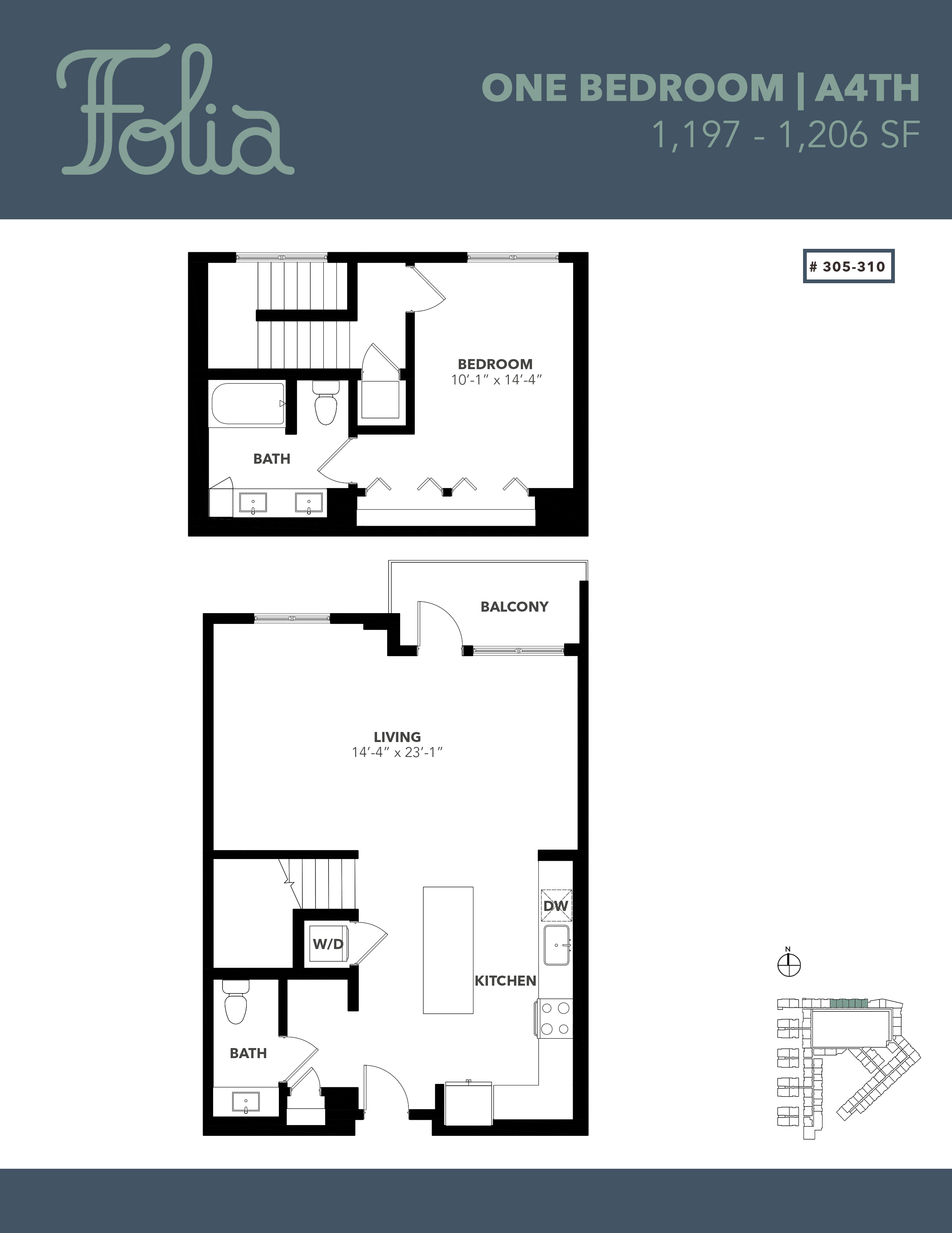 Floor plan for 1 bed, 1.5 baths, 1201 sqft